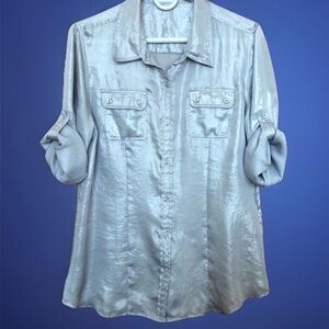 Calvin Klein I Shimmery Silver Blouse Tapered Slim Fit w/ Convertible Sleeves